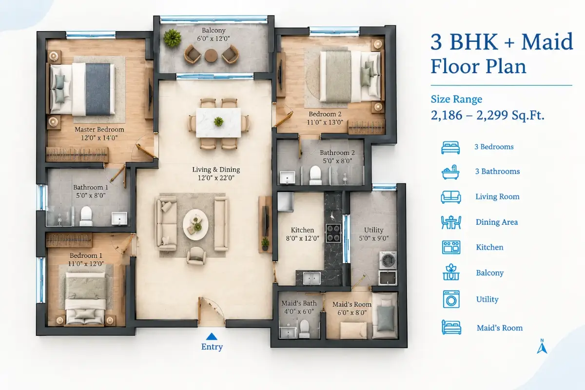 Purva Balagere 3 BHK plus maid floor plan